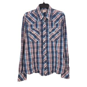 True Religion Long Sleeve Pearl Snap Shirt Mens Large Western Plaid Cowboy